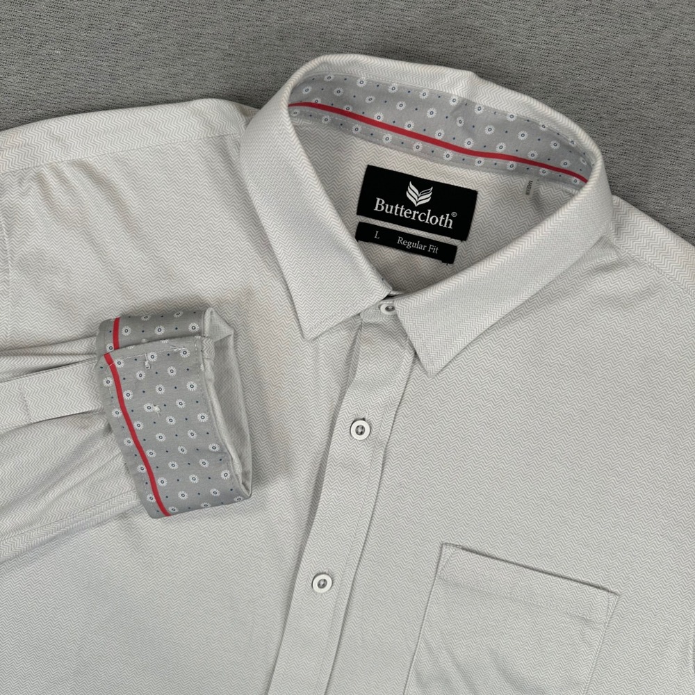 Buttercloth Shirt Mens L Regular Fit Grey White Geometric Button Down Long Slv